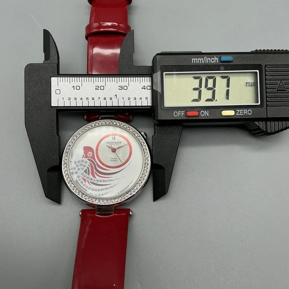 Akribos XXIV Womens Watch 40mm MOP Dial Red Leather Diamond New Battery